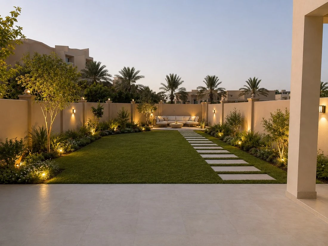 After image of the same family courtyard transformed into a landscaped garden