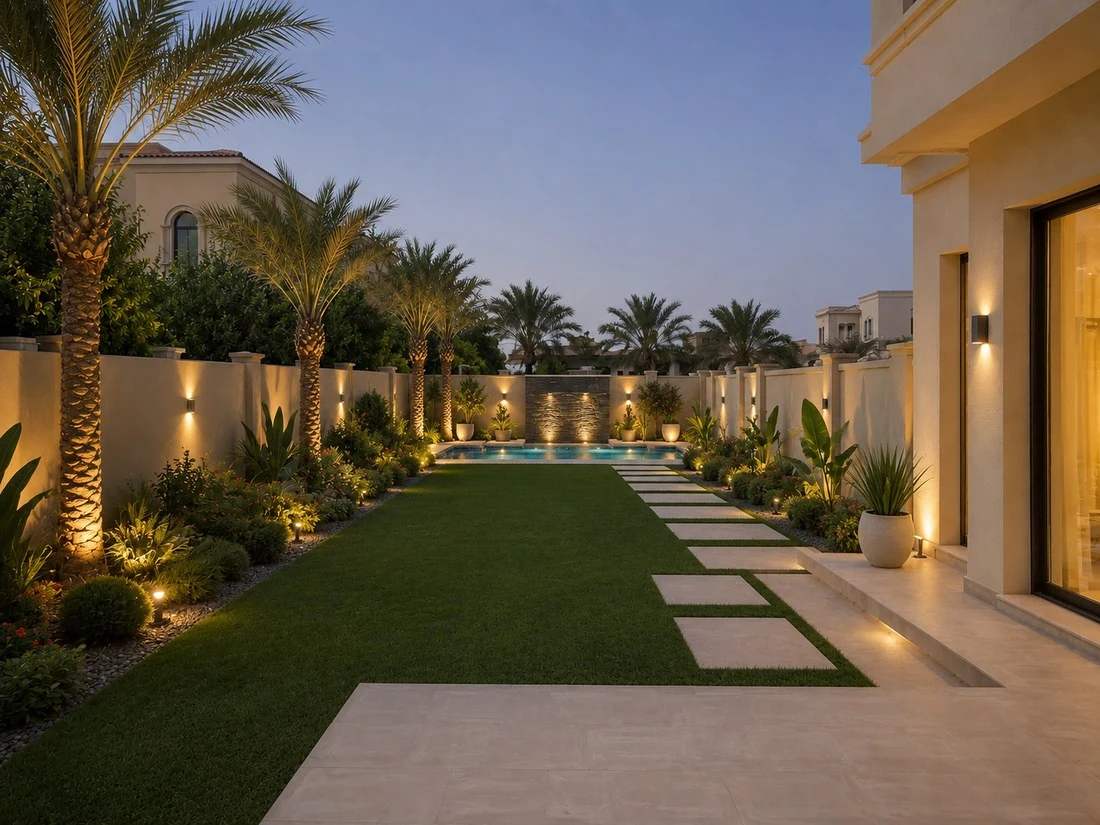 After image of the same Dubai villa back garden transformed into a luxury landscaped garden